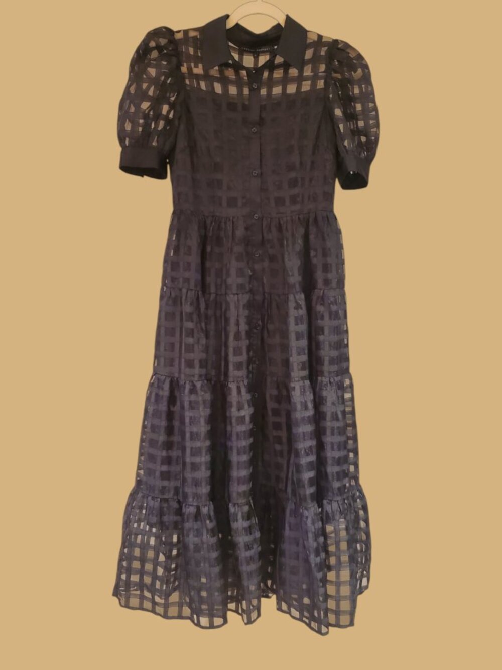 English Factory Size Small Black Gridded Organza Tiered Maxi Dress